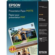 Epson Matte Inkjet Presentation Paper - White - 90 Brightness - 90% Opacity - Letter - 8 1/2" x 11" - 27 lb Basis Weight - Matte - 100 / Pack