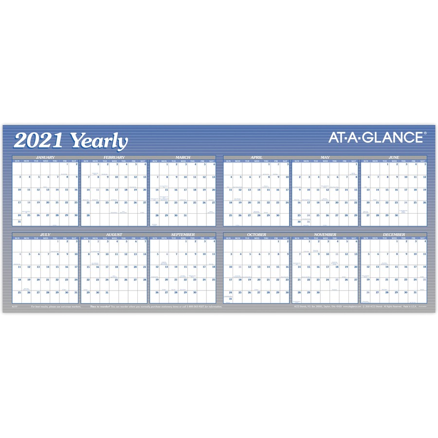 At A Glance Large Erasable Reversible Horizontal Yearly Wall Planner Yearly 1 Year January 21 Till December 21 60 X 26 Sheet Size Blue Erasable Reversible Laminated Write On Wipe Off 1 Each Degroot Technology