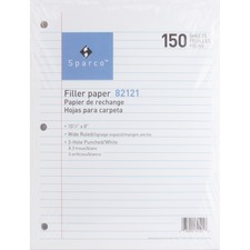 Sparco 3HP Filler Paper - 150 Sheets - Wide Ruled - 16 lb Basis Weight - 8" x 10 1/2" - White Paper - Bleed-free - 150 / Pack