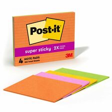 Post-it Super Sticky Lined Meeting Notepads - 180 - 6" x 8" - Rectangle - 45 Sheets per Pad - Ruled - Vital Orange, Tropical Pink, Sunnyside, Limeade - Paper - Self-adhesive - 4 / Pack