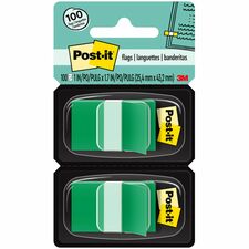 Post-it Flags - 100 x Green - 1" x 1 3/4" - Rectangle - Unruled - Green - Removable - 100 / Pack