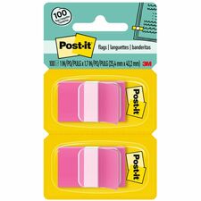 Post-it® Flags - 100 x Bright Pink - 1" x 1.75" - Rectangle - Unruled - Pink - Removable, Self-adhesive - 100 / Pack