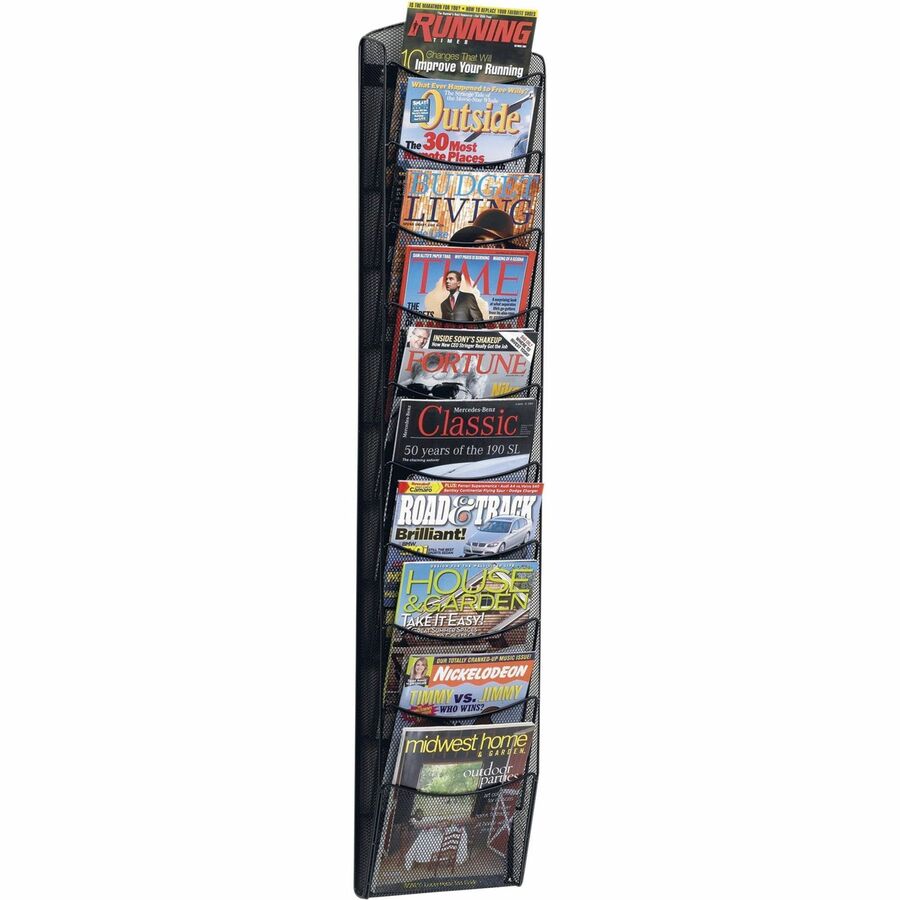Safco 10-pocket Onyx Mesh Literature Rack - 10 Pocket(s) - 50.8" (1289.05 mm) Height x 10.3" (260.35 mm) Width x 3.5" (88.90 mm) Depth - Wall Mountable - Powder Coated - Black - Steel - 1 Each