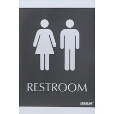 Headline Century Series Restroom ADA Sign - 1 Each - English, Braille - 6" (152.40 mm) Width x 9" (228.60 mm) Height - Rectangular Shape - Silver Print/Message Color - Door-mountable - Self-adhesive - Plastic - Bathroom, Restroom - Black