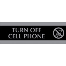 Headline Century Turn Off Cell Phone Sign - 1 Each - English - Turn Off Cell Phone Print/Message - 9" (228.60 mm) Width x 3" (76.20 mm) Height - Silver Print/Message Color - Door, Wall Mountable - Mounting Hardware - Indoor - Black