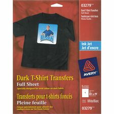 Avery Dark T-Shirt Transfers - Letter - 8 1/2" x 11" - Matte - 5 / Pack - Die-cut, Fade Resistant, Crack Resistant, Long Lasting, Printable - White