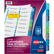 Avery® Two-Column Table Contents Dividers w/Tabs - 16 x Divider(s) - 1-16 - 16 Tab(s)/Set - 8.50" Divider Width x 11" Divider Length - 3 Hole Punched - White Paper Divider - Multicolor Paper Tab(s) - 16 / Set