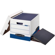 Bankers Box Binderbox Binder Storage Box - Internal Dimensions: 12.25" (311.15 mm) Width x 18.50" (469.90 mm) Depth x 12" (304.80 mm) Height - External Dimensions: 13.1" Width x 20.1" Depth x 12.4" Height - Media Size Supported: Letter, Legal - Lift-off Closure - Heavy Duty - Stackable - White, Blue - For File - Recycled - 1 Each