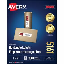 Avery White Rectangle Labels with Sure Feed&trade; Technology,Easy Peel, 1" x 4" , for Laser and Inkjet Printers - 1" Height x 4" Width - Permanent Adhesive - Rectangle - Laser - White - Paper - 20 / Sheet - 100 Total Sheets - 2000 Total Label(s