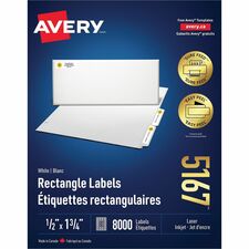 Avery White Rectangle Labels with Sure Feed&trade; Technology,Easy Peel, " x 1" , for Laser and Inkjet Printers - 1/2" Height x 1 3/4" Width - Permanent Adhesive - Rectangle - Laser - White - Paper - 80 / Sheet - 100 Total Sheets - 8000 Total 