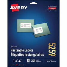 Avery White Rectangle Labels1" x 4" , for Laser and Inkjet Printers - 1 1/2" Width x 4" Length - Permanent Adhesive - Rectangle - Laser - White - 350 / Pack - Jam-free, Smudge-free