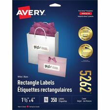 Avery Easy Peel(R) Address Labels, Sure Feed(TM) Technology, Permanent Adhesive, 1-1/3" x 4" , 350 Labels (5262) - 1 21/64" Height x 4" Width - Permanent Adhesive - Rectangle - Laser - White - Paper - 14 / Sheet - 25 Total Sheets - 350 Total Label(s)