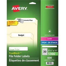 Avery® TrueBlock File Folder Labels, 2/3" x 3-7/16" , 600 Printable Labels, White (5366) - 2/3" Height x 3 7/16" Width - Permanent Adhesive - Rectangle - Laser, Inkjet - White - Paper - 30 / Sheet - 600 Total Label(s) - 600 / Pack