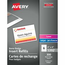 Avery Name Badge Insertsfor Laser and Inkjet Printers, 3" x 4" - 3" Height x 4" Width - Laser, Inkjet - White - Card Stock - 300 / Box