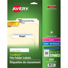 Avery Filing Labelswith TrueBlock&trade; Technology for Laser and Inkjet Printers, ?" x 3-7/16" , Blue - 2/3" Height x 3 7/16" Width - Permanent Adhesive - Rectangle - Laser, Inkjet - Blue, White - Paper - 30 / Sheet - 600 Total Label(s) - 600 / Pack
