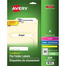 Avery Filing Labelswith TrueBlock&trade; Technology for Laser and Inkjet Printers, ?" x 3-7/16" , Yellow - 2/3" Height x 3 7/16" Width - Permanent Adhesive - Rectangle - Laser, Inkjet - Yellow, White - Paper - 30 / Sheet - 600 Total Label(s) - 600 / 