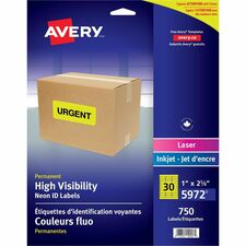 Avery® Neon Address Labels with Sure Feed(TM) for Laser Printers, 1" x 2 5/8" , 750 Yellow Labels (5972) - 1" Height x 2 5/8" Width - Permanent Adhesive - Rectangle - Laser - Neon Yellow - Paper - 30 / Sheet - 25 Total Sheets - 750 Total Label(s) - 750 / Pack