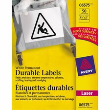 Avery Durable ID Labelswith TrueBlock&trade; Technology for Laser Printers, 8" x 11" - Waterproof - 8 1/2" Height x 11" Width - Permanent Adhesive - Rectangle - Laser - White - Film - 1 / Sheet - 50 Total Sheets - 50 Total Label(s) - 50 / Box - Perm