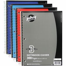 Hilroy Executive Coil Three Subject Notebook - 300 Pages - Coilock - 0.28" Ruled - 8" x 10 1/2" - Assorted Cover - Subject, Hole-punched - 1 Each