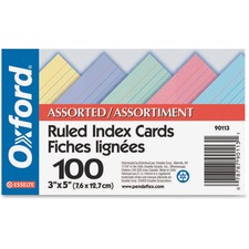Oxford Ruled Index Card - 3" x 5" - 100 lb Basis Weight - 100 / Pack - Assorted