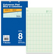 Blueline Columnar Pad - 50 Sheet(s) - Gummed - 8 1/4" (21 cm) x 14" (35.6 cm) Sheet Size - 2 x Holes - 8 Columns per Sheet - Green Sheet(s) - Blue Cover - Recycled - 1 Each