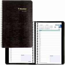 Blueline® Essential Daily Planner - Julian Dates - Daily - 1 Year - January 2024 - December 2024 - 7:00 AM to 7:30 PM - Half-hourly - 1 Day Single Page Layout - 5" x 8" Sheet Size - Wire Bound - Black - Appointment Schedule, Reference Calendar, Notes Area, Tear-off, Address Directory, Phone Directory, Expense Form - 1 Each
