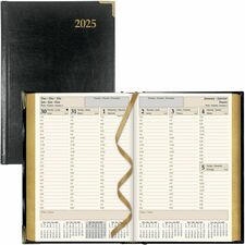 Brownline Executive Weekly Planner - Weekly - January 2024 - December 2024 - 7:00 AM to 8:00 PM - Half-hourly - 5 1/2" x 8 1/4" Sheet Size - Sewn - Black - Leather - Trilingual, Hard Cover, Gilt Edge, Ribbon Marker, Expense Form, Maps, Pocket - 1 Each