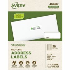 Avery EcoFriendly Address Labels - 1" Width x 2 5/8" Length - Permanent Adhesive - Rectangle - Laser, Inkjet - White - Paper - 30 / Sheet - 100 Total Sheets - 3000 Total Label(s) - 3000 / Box