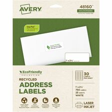 Avery® EcoFriendly Address Labels - 1" Width x 2 5/8" Length - Permanent Adhesive - Rectangle - Laser, Inkjet - White - Paper - 30 / Sheet - 25 Total Sheets - 750 Total Label(s) - 1 / Box
