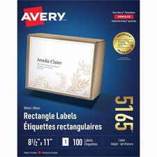 Avery Shipping Labels, TrueBlock(R) Technology, Permanent Adhesive, 8-1/2" x 11" , 100 Labels (5165) - 8 1/2" Height x 11" Width - Permanent Adhesive - Laser - Bright White - Paper - 1 / Sheet - 100 Total Sheets - 100 Total Label(s) - 100 / Box