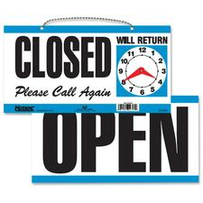 Headline Open/Closed 2-sided Sign - 1 Each - English - Open, CLOSED, Please Call Again, Will Return Print/Message - 11.50" (292.10 mm) Width x 6" (152.40 mm) Height - Rectangular Shape - Customizable Time - Indoor, Outdoor - White, Blue