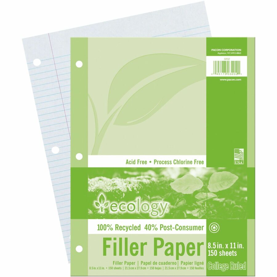 ecology recycled filler paper letter 150 sheets printed college ruled 0 28125 front line s space red margin 3 hole s letter 8 5 x 11 white