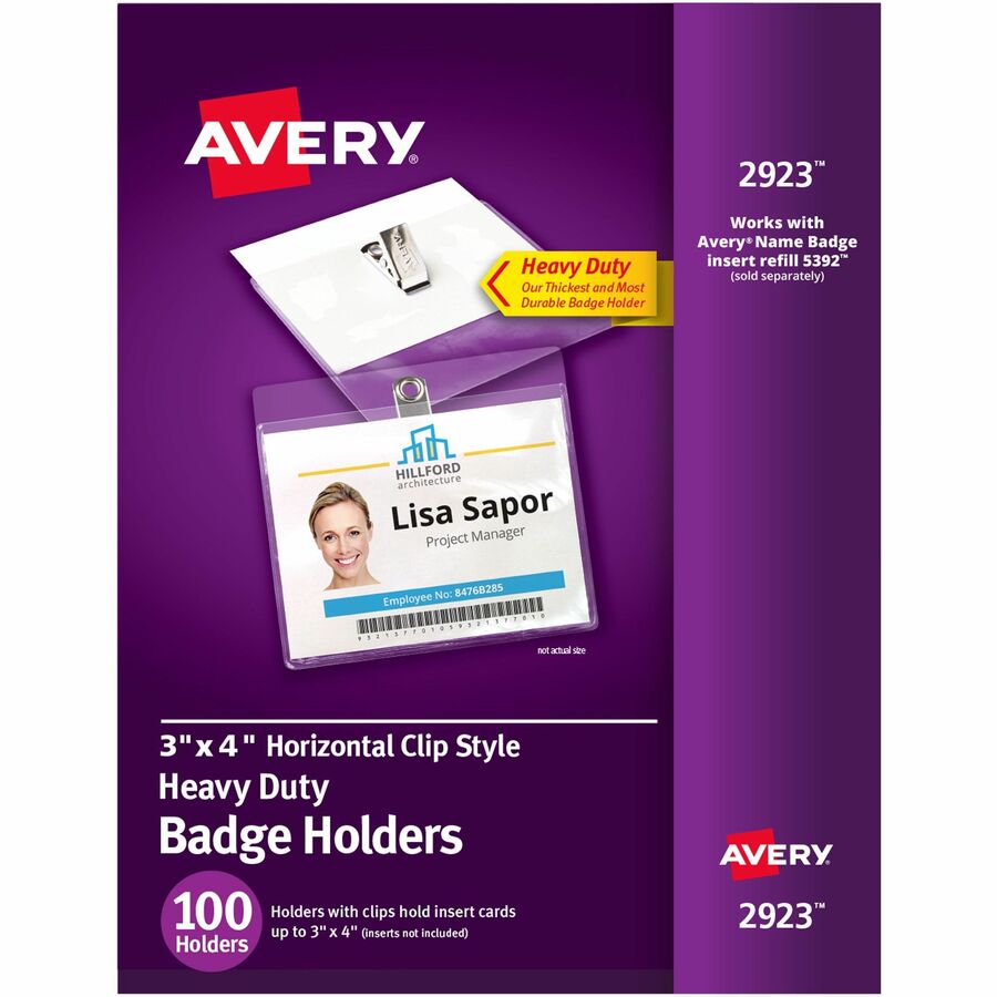 Avery® HeavyDuty Badge Holders Clip Style Support 3" x 4" Media Horizontal 4" x 3