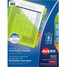 Avery Big Tab&trade; Insertable Plastic Dividers with Pocketsfor Laser and Inkjet Printers, 9" x 11?" , 8 tabs, 1 set - 8 x Divider(s) - 8 - 8 Tab(s)/Set - 9.25" Divider Width x 11.13" Divider Length - 3 Hole Punched - Translucent Plastic, Multicolo