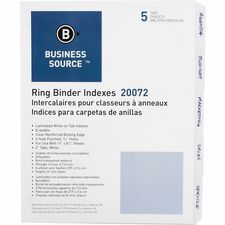 Business Source 3-Ring 5-Tab Erasable Tab Indexes - 5 Write-on Tab(s)2" Tab Width - 8.50" Divider Width x 11" Divider Length - Letter - 3 Hole Punched - White Divider - Mylar Tab(s) - Recycled - Erasable, Reinforced Edges, Punched, Laminated Tab - 5 / Set