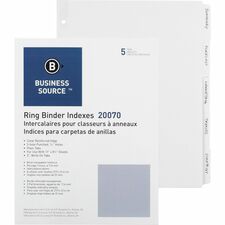 Business Source 3-Ring Plain Tab Indexes - 5 Write-on Tab(s)2" Tab Width - 8.50" Divider Width x 11" Divider Length - Letter - 3 Hole Punched - White Divider - Recycled - Mylar Reinforced Edge, Punched - 100 / Box