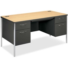 HON Mentor Double Pedestal Desk, 60"W - 60" x 30" x 29.5" - Double Pedestal - Rounded Edge - Material: Steel - Finish: Charcoal, Natural Maple