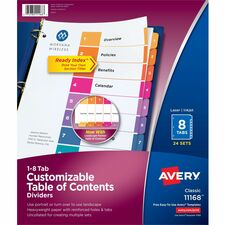 Avery® Ready Index Customizable TOC Dividers - 192 x Divider(s) - 1-8 - 8 Tab(s)/Set - 8.50" Divider Width x 11" Divider Length - 3 Hole Punched - White Paper Divider - Multicolor Paper Tab(s) - 24 / Box