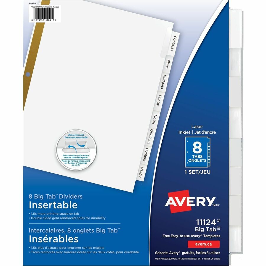 Avery 8 Big Tab Insertable Dividers for Binder Large Tabs Double-Sided Reinforce 