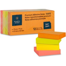 Business Source Premium Repostionable Adhesive Notes - 1 1/2" x 2" - Rectangle - Unruled - Neon - Self-adhesive, Repositionable, Solvent-free Adhesive - 12 / Pack