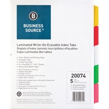 Business Source Laminated Write-On Tab Indexes - 5 Write-on Tab(s) - 5 Tab(s)/Set - 11" Tab Height x 8.50" Tab Width - 3 Hole Punched - Self-adhesive, Removable - Multicolor Mylar Tab(s) - 5 / Set