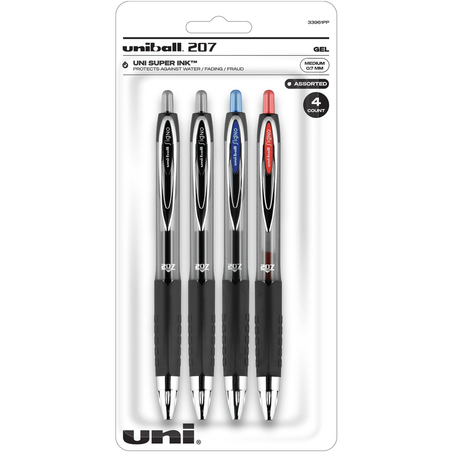 UNI-BALL 207 4 PACK OF 0.7MM GEL PENS~INCLUDES 2 BLACK 1 BLUE & 1 RED INK~NEW