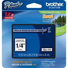 Brother P-touch TZe Laminated Tape Cartridges - 15/64" Width - Rectangle - Clear, Black - 1 Each - Water Resistant - Grease Resistant, Grime Resistant, Temperature Resistant, Sunlight Resistant, Heat Resistant, Cold Resistant, Fade Resistant, Tear Resista