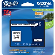 Brother P-touch TZe Laminated Tape Cartridges - 1/4" - Rectangle - White - 1 Each - Grease Resistant, Grime Resistant, Temperature Resistant