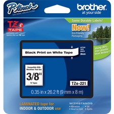 Brother P-touch TZe Laminated Tape Cartridges - 3/8" Width - Rectangle - White - Polyethylene Terephthalate (PET), Polyester Film - 1 Each - Water Resistant - Grease Resistant, Grime Resistant, Temperature Resistant