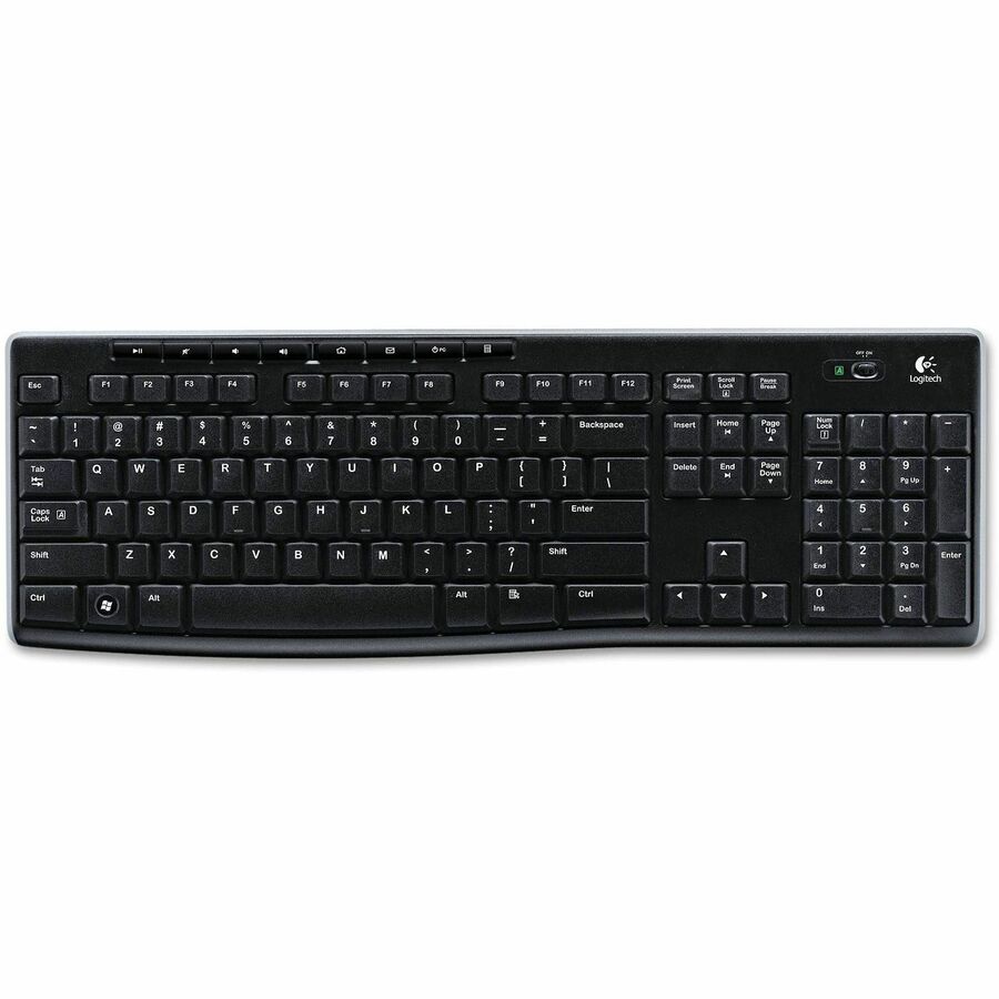 Logitech K270 Keyboard - Wireless Connectivity - RF - 33 ft (10058.40 mm) - 2.40 GHz - USB Interface - Multimedia, Email, Play/Pause, Volume Control, Internet Hot Key(s) - Computer - PC - AAA Battery Size Supported - Black