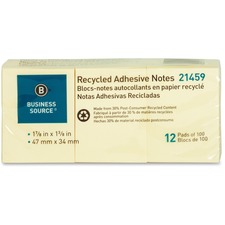 Business Source Adhesive Note - Self-adhesive, Removable - 1" x 2.50" - Yellow - 12 / Pack 