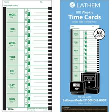 Lathem Thermal Time Clock Weekly Attendance Cards - 8.25" x 3.38" Form Size - White - Black Print Color - 100 / Pack