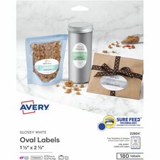 Avery® Glossy White Labels - Sure Feed Technology - 2 1/2" Width x 1 1/2" Length - Permanent Adhesive - Oval - Laser, Inkjet - White - Paper - 18 / Sheet - 10 Total Sheets - 180 Total Label(s)