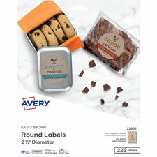 Avery Kraft Brown Round Labels2" Diameter, Permanent Adhesive, for Laser and Inkjet Printers - - Width2 1/2" Diameter - Permanent Adhesive - Round - Laser, Inkjet - Kraft Brown - Paper - 9 / Sheet - 25 Total Sheets - 225 Total Label(s)